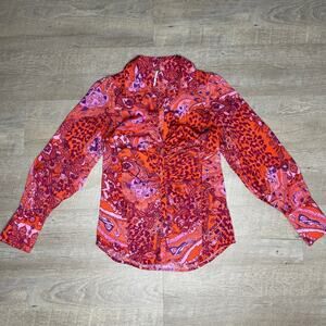 FREE PEOPLE Bianca Blouse Paisley Animal Print Ruched Bright Rave Party Size XS